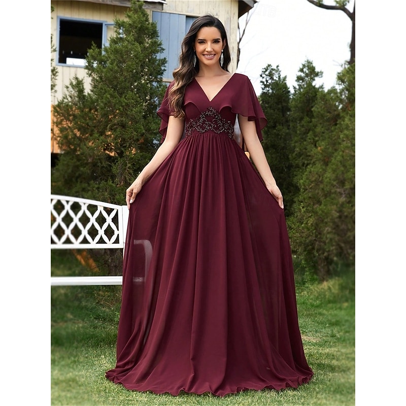 A-Line Quinceanera Dresses Elegant Dress Formal Wedding Floor Length Short Sleeve V Neck Chiffon Backless with Pleats Appliques