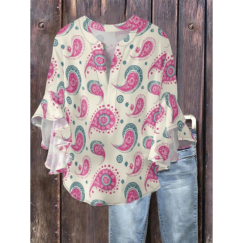 Women's Blouse Paisley Retro Vintage Ethnic 3/4 Length Sleeve V Neck Regular Tops Daily Holiday Ruffle Print Navy Blue Blue Purple Apricot Summer4