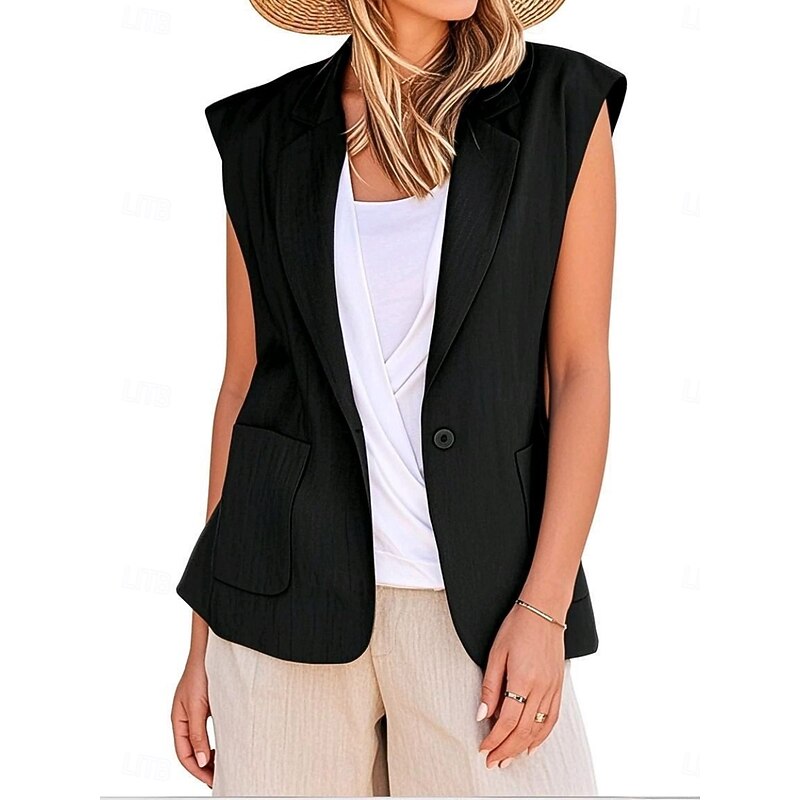 Women's Vest Blazer Comfortable Breathable Pocket Modern Casual Plain Office Street Casual Daily Wear Single Breasted Regular V Neck Regular Fit Sleeveless Outerwear Black White Yellow Summer Spring3
