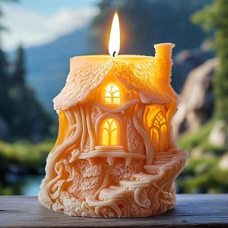 3D Silicone Fairy House Candle Mold - Enchanted Forest Design with Gothic Windows & Tree Root Details Perfect for Easter & Ramadan Decor DIY Resin Craft 1pc Magic Home Decoration DIY Crafts3