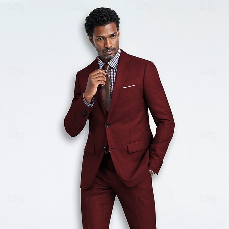Men's Wedding Business Suits Notch Lapel Burgundy Navy Blue Formal WorkWear Solid Colored Standard Fit 2 Piece Single Breasted Two-buttons2