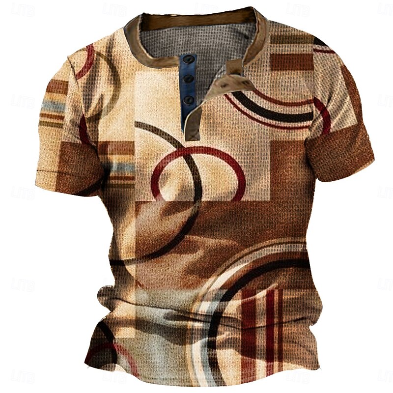 Men's Graphic Color Block Waffle Henley Shirt Short Sleeve 3D Print Fashion Designer Basic Outdoor Daily Summer Yellow Blue Orange Brown Henley Henley T-Shirt2