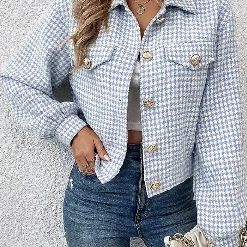 Women's Casual Jacket Comfortable Pocket Buttons Fashion Houndstooth Outdoor Vacation Holiday Going out Single Breasted Regular Turndown Regular Fit Long Sleeve Outerwear Black Red Sky Blue Fall2