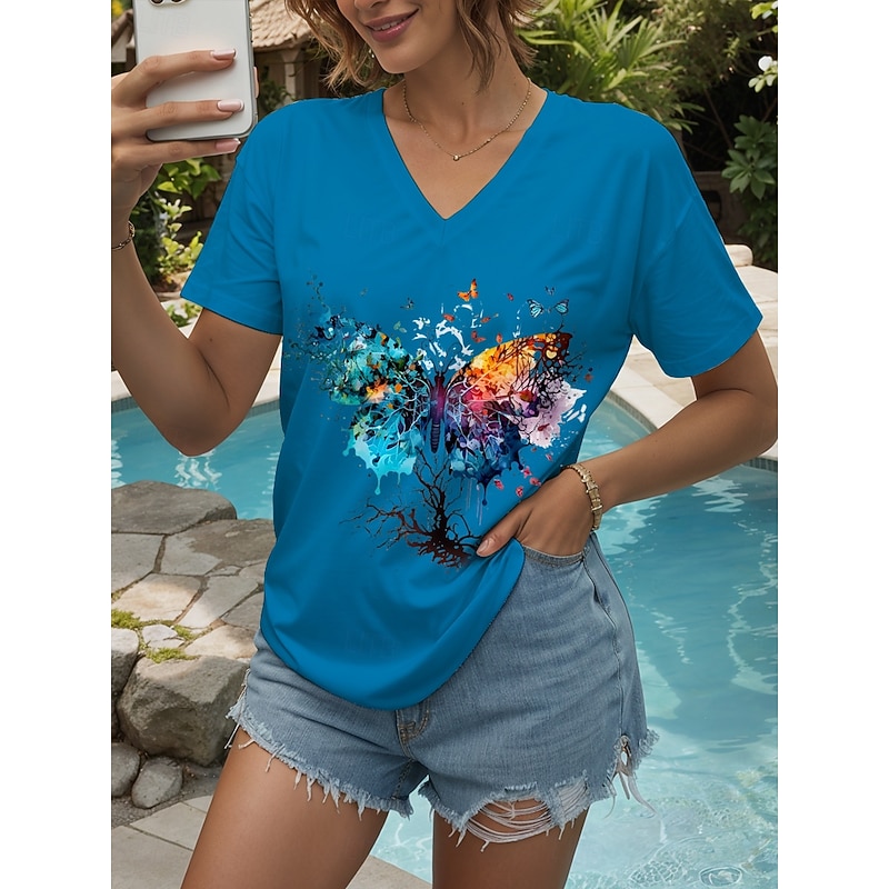 Women's T Shirt Graphic Animal Butterfly Vintage Stylish Classic Short Sleeve V Neck Regular Tops Daily Going out Weekend Print Black White Yellow Pink Red Summer Spring4