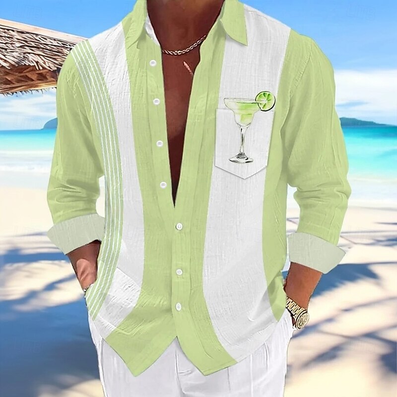 Men's Bird Cocktail Shirt Summer Hawaiian Shirt Button Up Shirt Long Sleeve Hawaiian Outdoor Vacation Holiday Spring Fall Turndown 3D Print Linen Like Shirt Light Green Blue Purple Green2