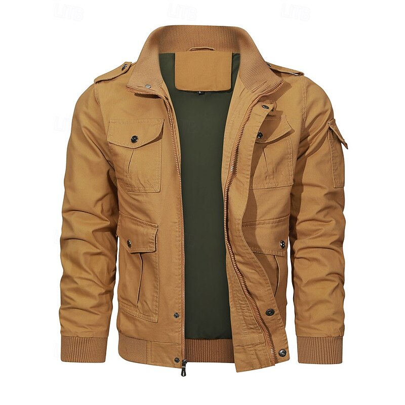 Men's Trucker Jacket Cargo Jacket Casual Jacket Vacation Daily Pocket Spring Fall Plain Fashion Classic Stand Collar Regular Black Khaki Army Green Jacket