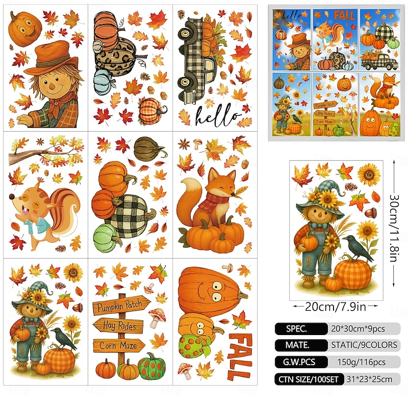 9 Sheets Fall Window Cling Thanksgiving Sticker Decals Decorations Double Side, Scarecrow Hedgehog Maple Leaf Pumpkin Static Stickers for Glass Window Autumn Harvest Home Decor3