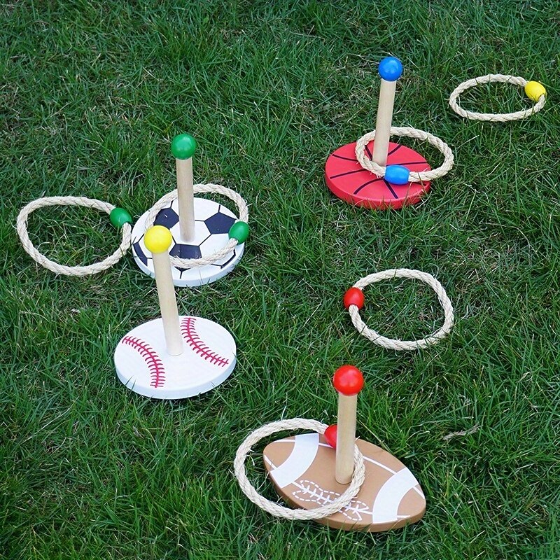Outdoor Sports-Themed Rope Ring Toss Game with Wooden Stands and Colorful Balls - Ideal for Sensory Play and Motor Skills Development Grass Play Area Outdoor Play Equipment  Colorful Game Setup2