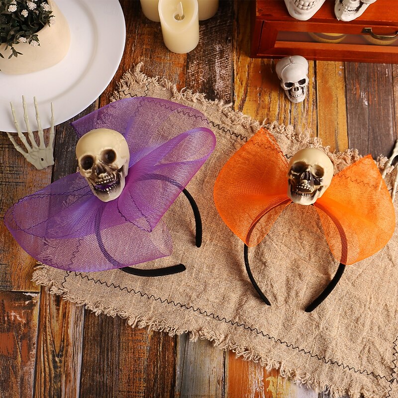 Halloween Headband with Spider Skull Bow and Mesh Veil, Spooky Hair Accessory for Halloween Party, Masquerade, Costume2