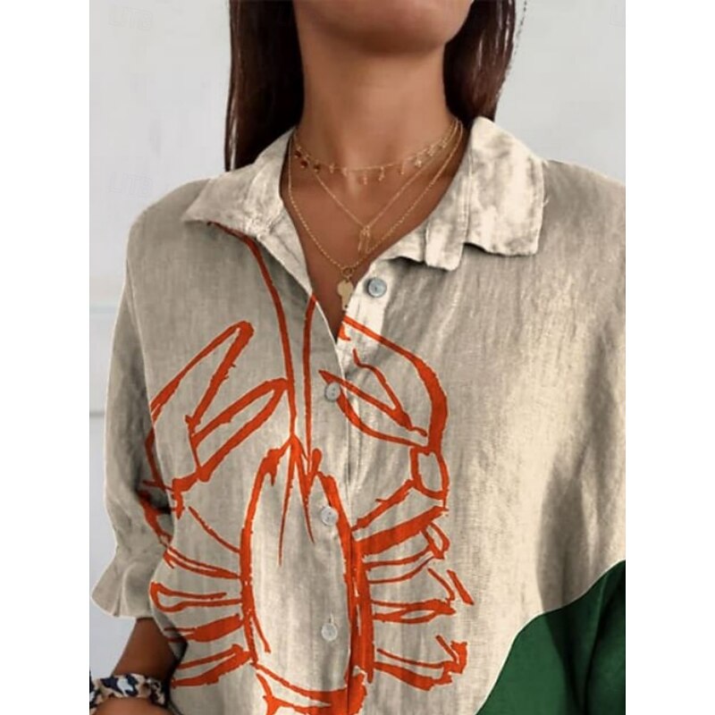 Women's Blouse Floral Geometric Daily Stylish Long Sleeve Shirt Collar Regular Tops Daily Holiday Buttons Print Red Khaki Summer3