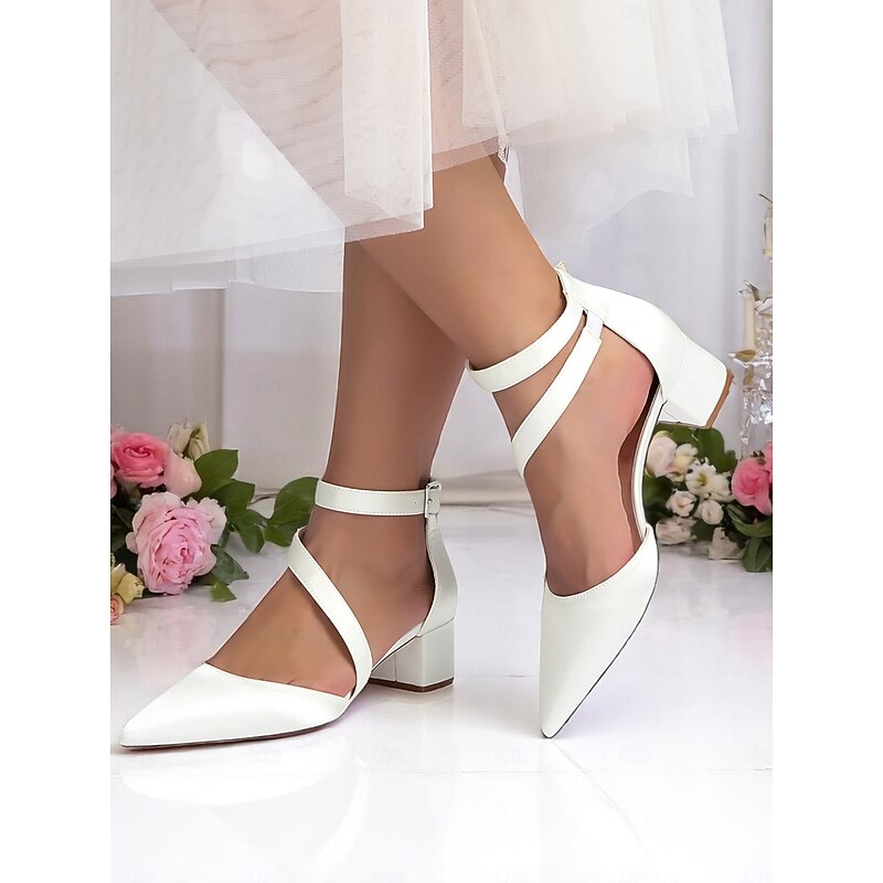 Women's Champagne Satin Block Heels - Pointed Toe Cross-Strap Dress Shoes with Ankle Buckle for Cocktail Parties and Semi-Formal Evenings2