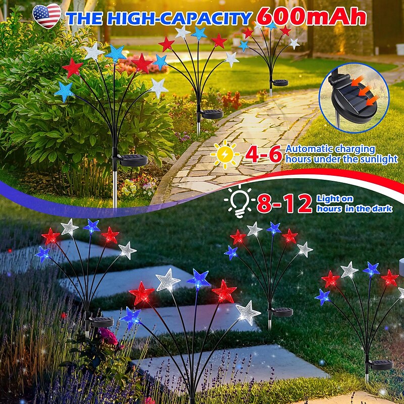 2Pcs 6 LED Patriotic Pathway Lights Outdoor Waterproof Solar Energy July 4th Independence Day Red, White, Blue Pentagram Ground Plug in Light Courtyard Garden Lawn Path Patriotic Atmosphere4
