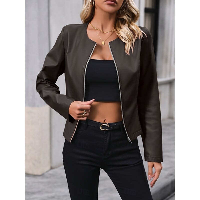 Women's Faux Leather Jacket Casual Jacket Comfortable Breathable Zipper Casual Plain Vacation Street Casual Daily Wear Zipper Short Crewneck Regular Fit Long Sleeve Outerwear Black Brown Apricot