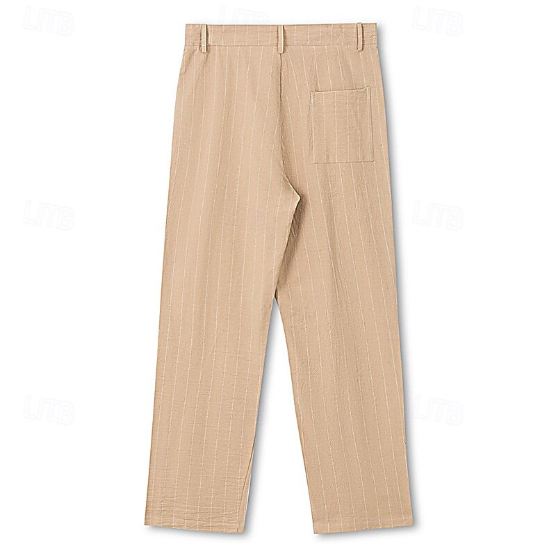 Men's Linen Pants Trousers Summer Pants Stripe Straight Leg Plain Comfort Breathable Full Length Casual Daily Holiday Fashion Streetwear Black White4