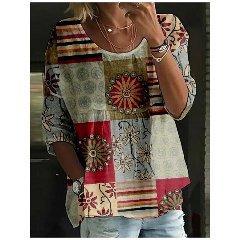 Women's Blouse Geometric Color Block Retro Vintage Ethnic 3/4 Length Sleeve Crew Neck Regular Tops Daily Holiday Print Wine Green Summer
