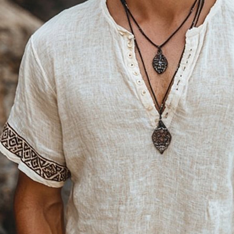 Men's T Shirt Henley Shirt Tee Short Sleeve Shirt Short Sleeve Henley Summer Patchwork Embroidery Bohemia Vintage Casual Buttons Vacation Street Casual Daily White Top Tee for Men2