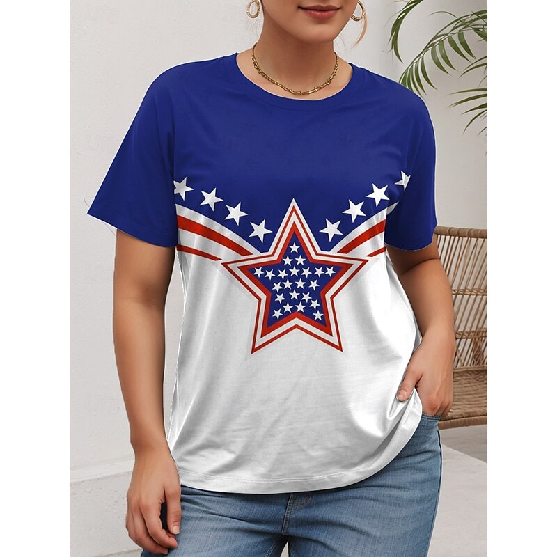 American Independence Day Women's Plus Size Tops T Shirt Graphic Flag Print Short Sleeve Crew Neck Casual Daily Polyester Summer Red Blue3