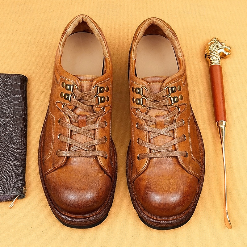 Men's Brown Low-Top Leather Work Shoes with Goodyear Welt and Metal Eyelets – Durable Casual Shoes for Outdoor Jobs and Daily Wear2