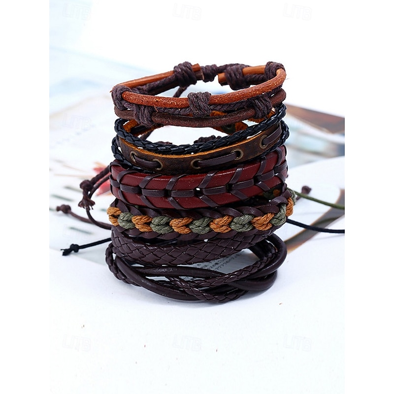Men's Multi-Layer Leather Bracelet Set – Boho Woven Tribal Cuff Wristbands with Adjustable Fit for Casual Outfits and Music Festivals4