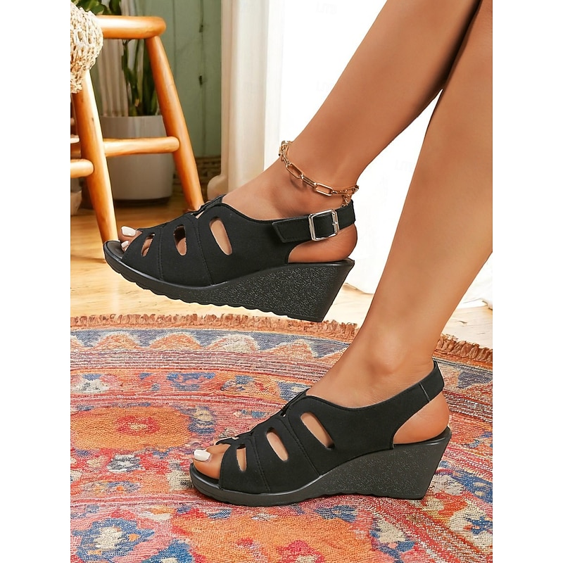 Women's Peep Toe Cutout Wedge Sandals, Adjustable Buckle Comfort Shoes for Work, Casual Outings and Travel