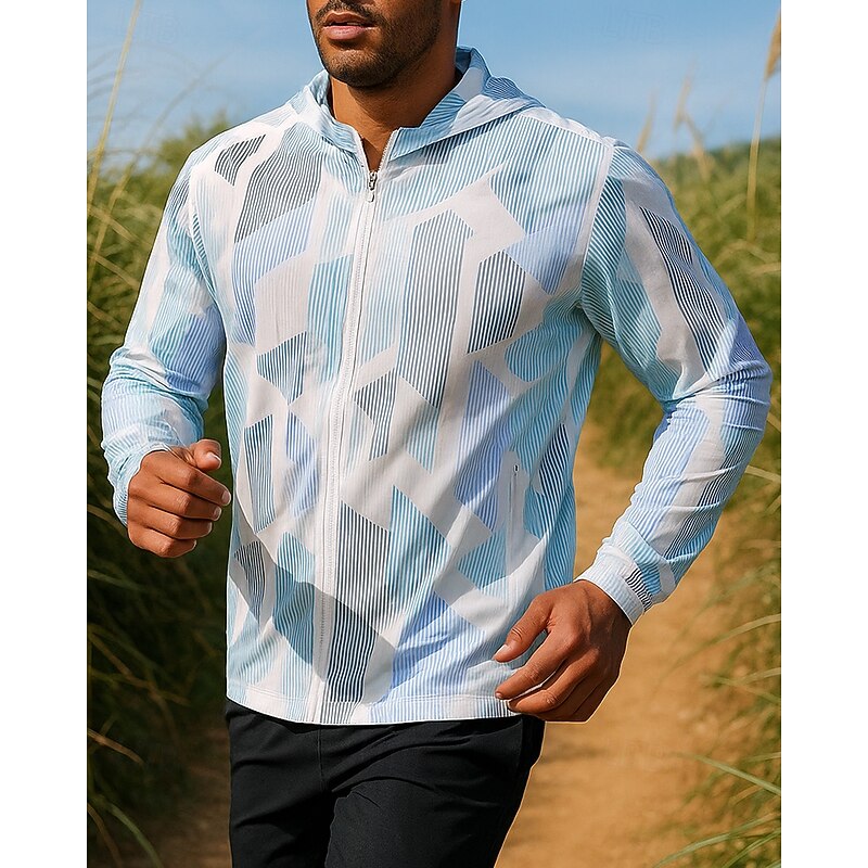 Men's Hoodie Jacket Running Jacket Outdoor Jacket Full Zip Long Sleeve Outerwear Athletic Geometric Windproof Quick Dry Lightweight Breathable Tennis Golf Running Sportswear Activewear Light Blue
