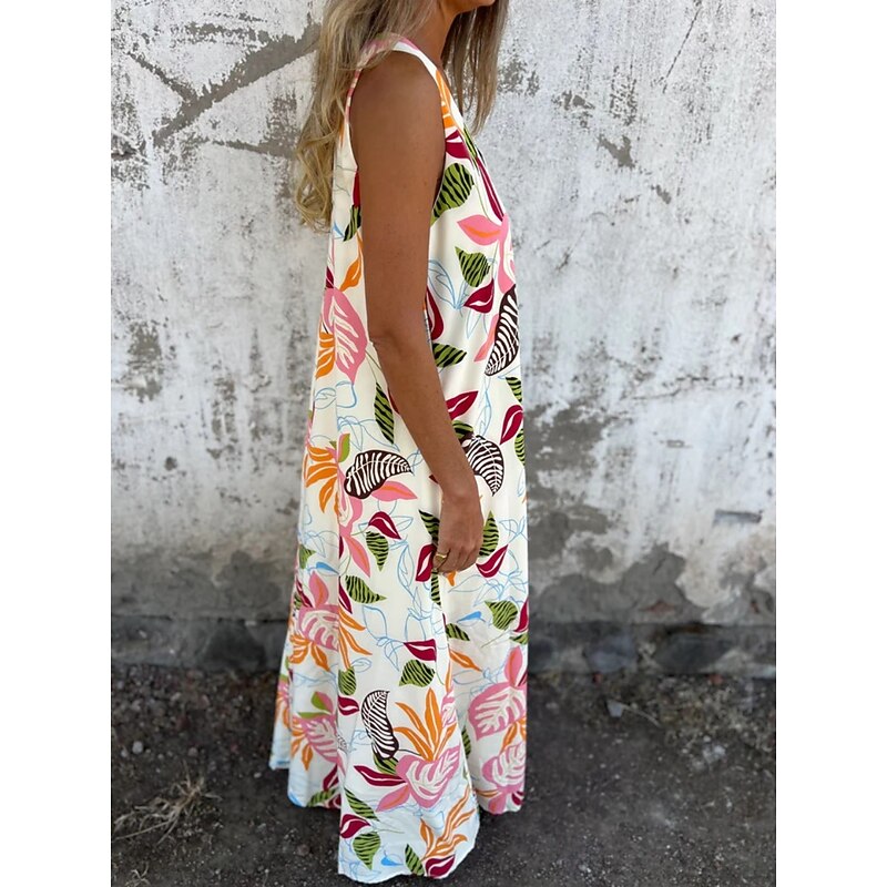 Women's Maxi Dress A Line Dress Slip Dress Vacation Casual Boho Outdoor Going out Regular Fit Floral Sleeveless V Neck Blue Apricot Beige Summer2