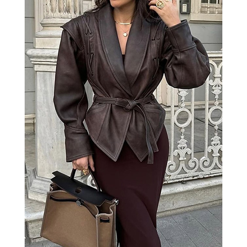 Women's Faux Leather Jacket Warm Comfortable Lace up Pocket Fashion Outdoor Plain Outdoor Street Going out Regular Turndown Regular Fit Long Sleeve Outerwear Black Brown Fall Winter