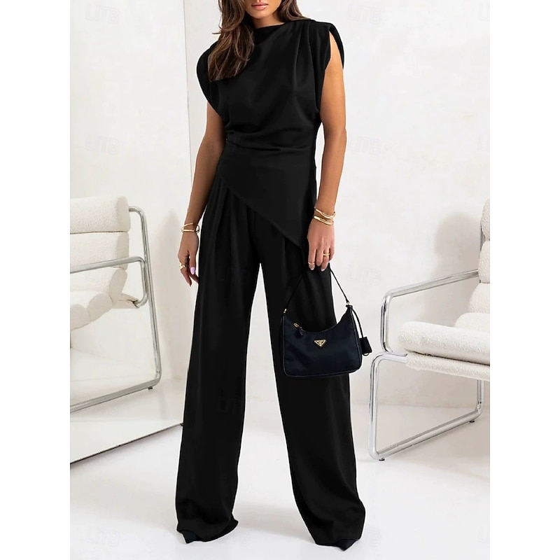 Women's Fashion Streetwear Daily Pants Sets Sleeveless Round Neck Solid Color Ruched Casual Daily Dark Grey Black White Spring Loose Fit2