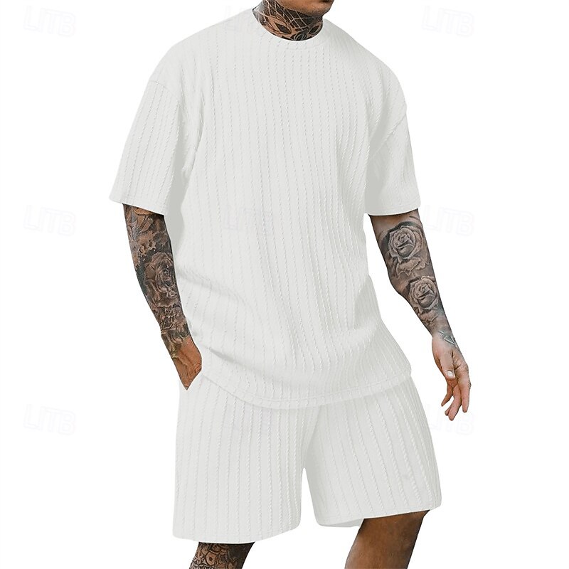 Men's T-shirt Suits 2 Pieces Outfits Tee & Shorts Short Sleeve Crew Neck Summer Plain Fashion Casual 2 Piece Jacquard Vacation Daily Wear Going out Black White Yellow Top Tee for Men2