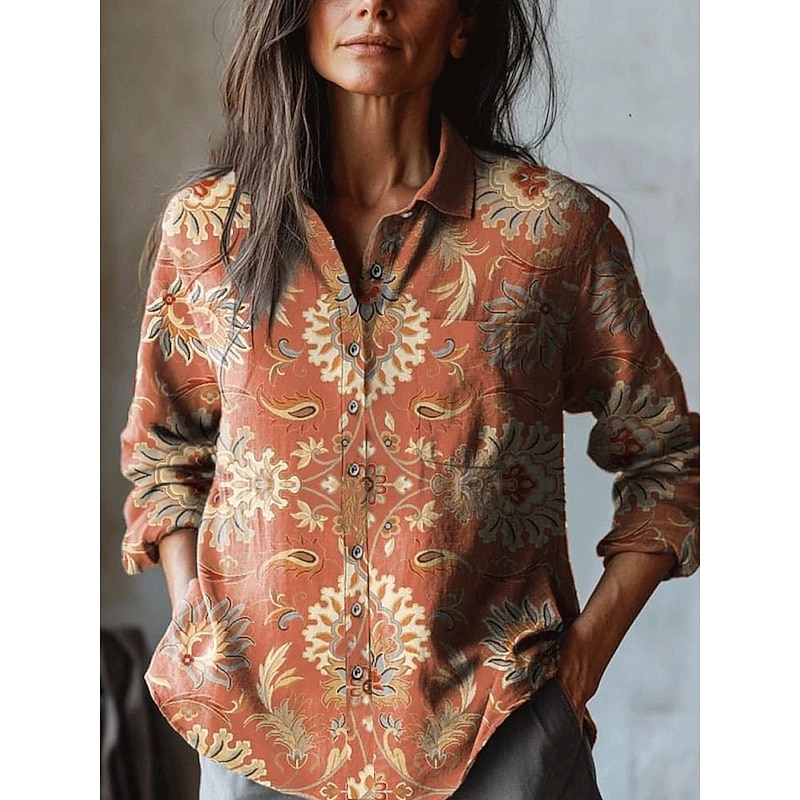 Women's Shirt Long Sleeve Button Down Blouse Floral Graphic Vintage Stylish Casual Shirt Collar Regular Tops Work Daily Holiday Buttons Pocket Print Black Red Orange Green Spring Fall4