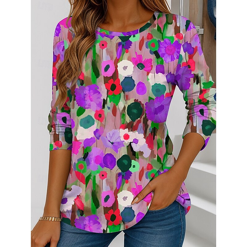 Women's T shirt Crew Neck Long Sleeve Tunic Floral Graphic Vintage Stylish Casual  Regular Tops Daily Weekend Print Red Blue Purple Green Summer4