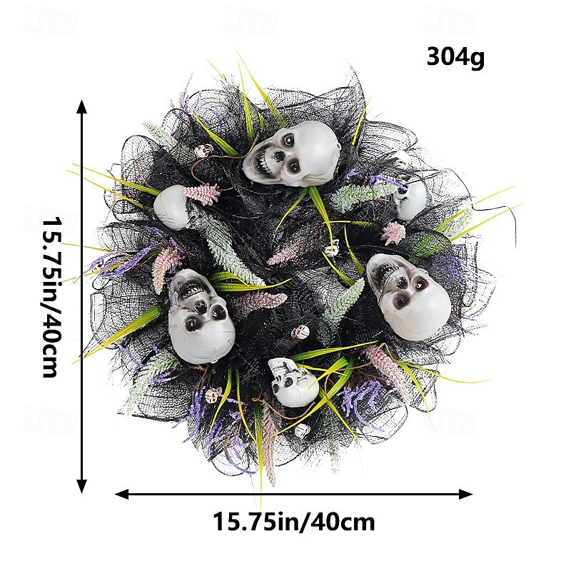 Halloween Wreath for Front Door Indoor Outdoor Decoration, Black Mesh Skull Head Wreath Wall Hanging, Haunted House Horror Party Prop Spooky Halloween Decor3