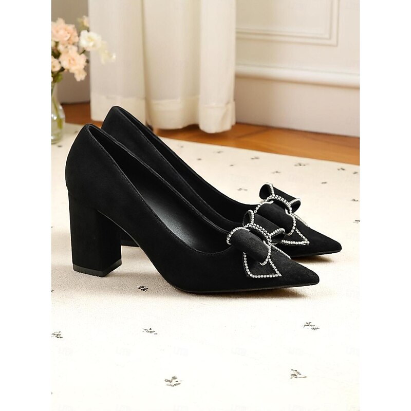 Women's Black Suede Block Heel Pumps, Pointed Toe Slip-On Dress Shoes with Rhinestone Bow, Elegant and Comfortable for Casual Dates and Everyday Outfits4
