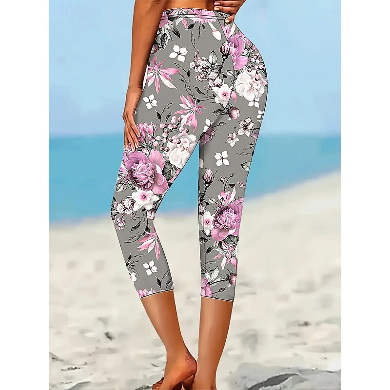 Women's Leggings Vacation Vintage Ethnic Style Calf-Length High Waist Floral Graphic Leaf Soft Comfortable Breathable Stretchy Vacation Street Causal Violet Dusty Rose Light Blue Summer Spring Fall3