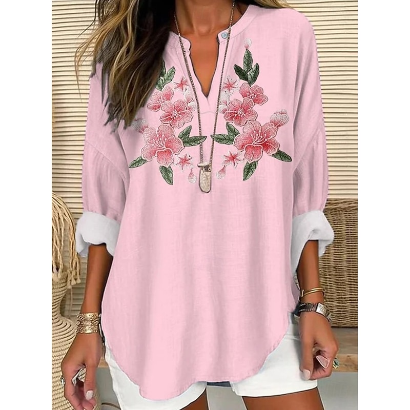 Women's Blouse Tunic V Neck Long Sleeve Boho Casual Summer Tops Floral Graphic Vintage Tropical Regular Tops Daily Wear Print White Pink Purple Fuchsia Gray4