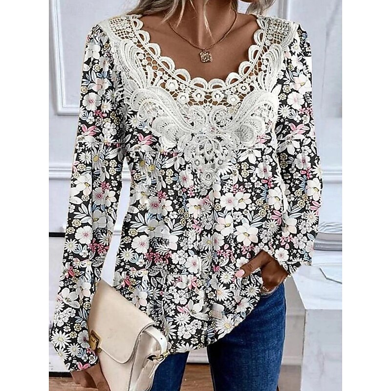 Women's Lace Splicing Top Floral Stylish Ethnic Casual Long Sleeve V Neck Regular Tops Daily Lace Patchwork Print Black Yellow Pink Blue Summer Spring