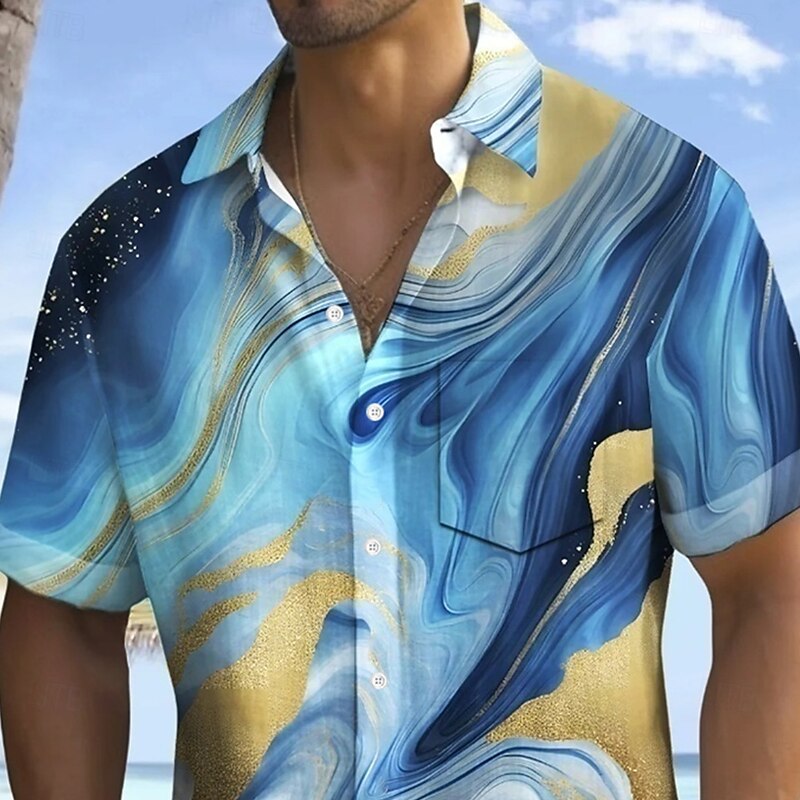 Men's Marble Abstract Art Shirt Summer Shirt Button Up Shirt Short Sleeve Fashion Casual Outdoor Vacation Dailywear Summer Spring Turndown 3D Print Collared Shirts Front One Pocket Blue3