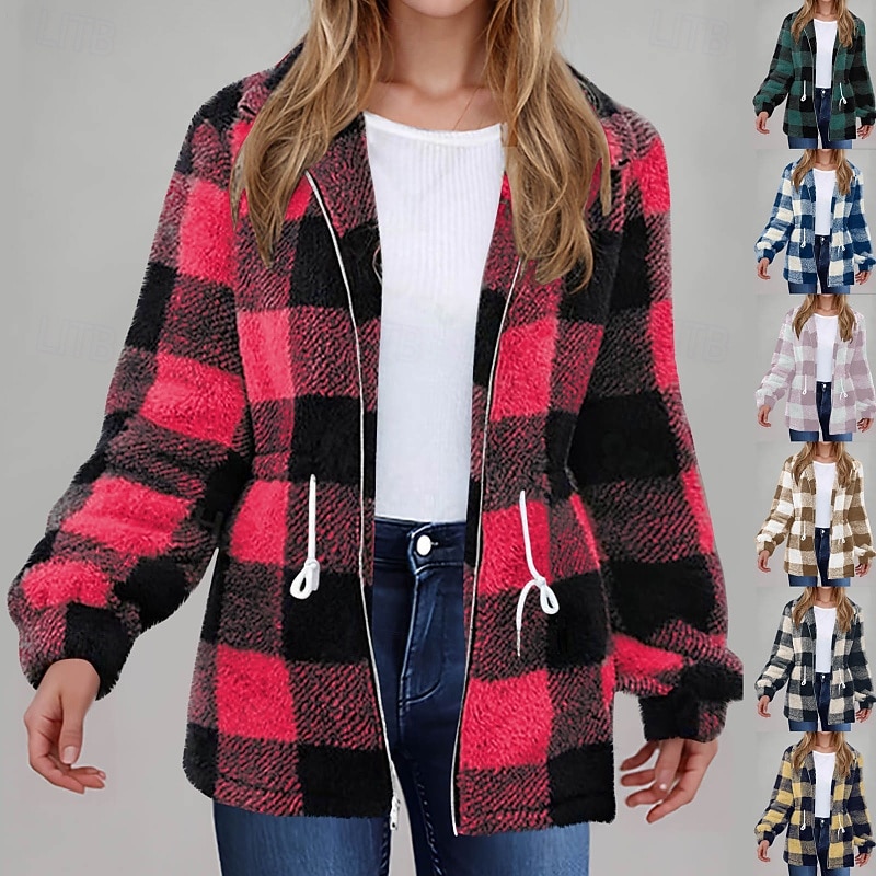Women's Casual Jacket Warm Comfortable Zipper Pocket Casual Plaid Street Going out Weekend Zipper Regular Turndown Regular Fit Long Sleeve Outerwear Black Yellow Pink Fall Winter