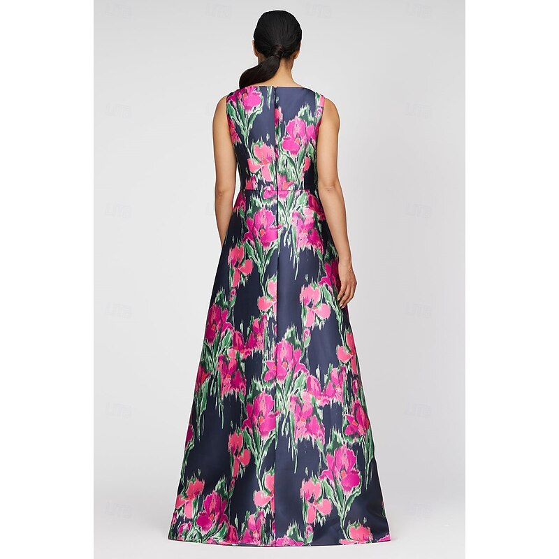 Jumpsuits Mother of the Bride A-Line Evening Gown Elegant Dress Formal Wedding Guest Floor Length Sleeveless Boat Neck Satin with Floral Print Pocket2