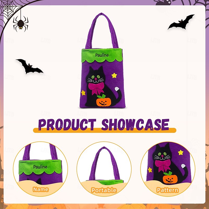 Personalized Name Halloween Treat Bag for Kids Custom Candy Tote Bag Basket for Trick or Treat, Eye-Catching Non-Woven Fabric Bag with Large Capacity, Mysterious Color Options, Perfect for Candy and Party Photos4