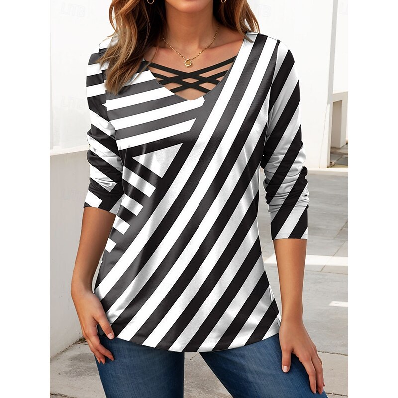 Women's T Shirt Graphic Geometric Abstract Vintage Stylish Modern Long Sleeve V Neck Regular Tops Daily Cut Out Print Black White Orange Spring Fall2