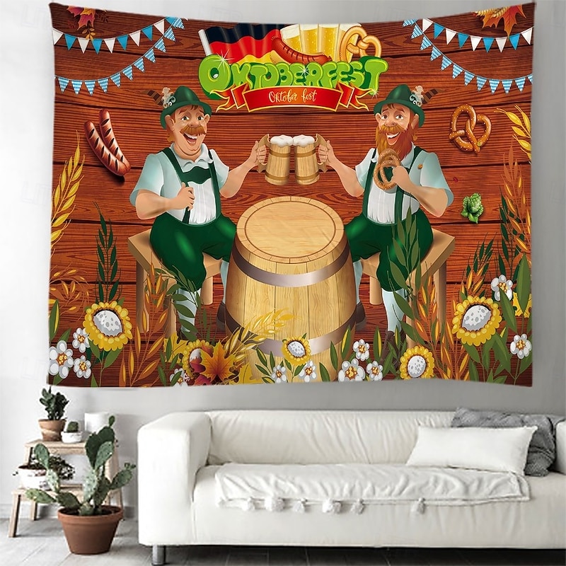 Oktoberfest German Bavarian Hanging Tapestry Pretzel Beer Bratwurst Wall Art Blue White Plaid Large Tapestry Mural Decor Photograph Backdrop Festival4