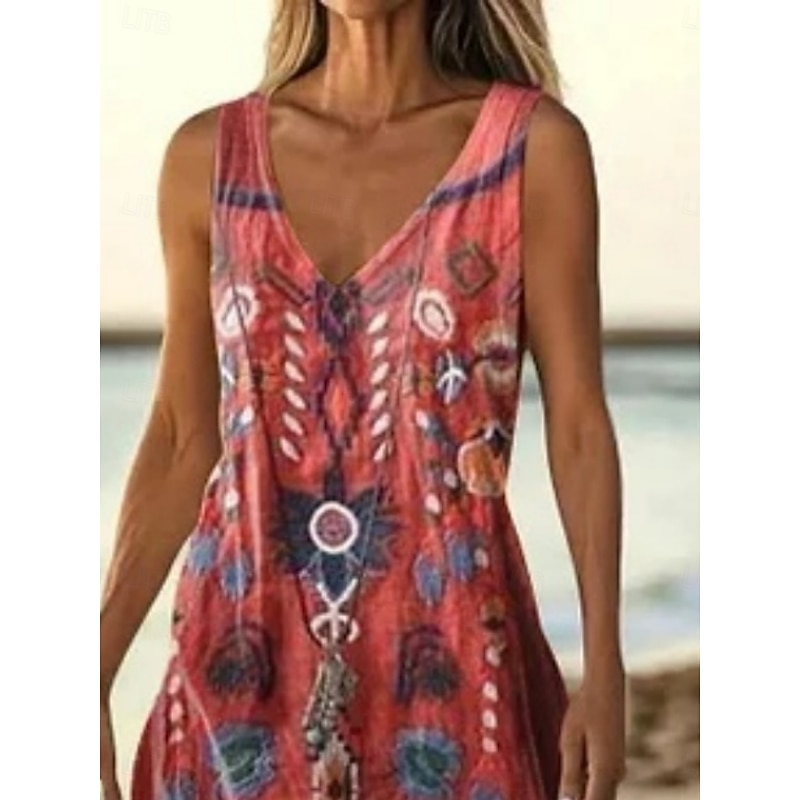 Women's Long Dress Maxi Dress Casual Dress Tank Dress Summer Dress African Daily Holiday Beach Regular Fit Geometric Tribal Sleeveless V Neck Red Khaki Summer2