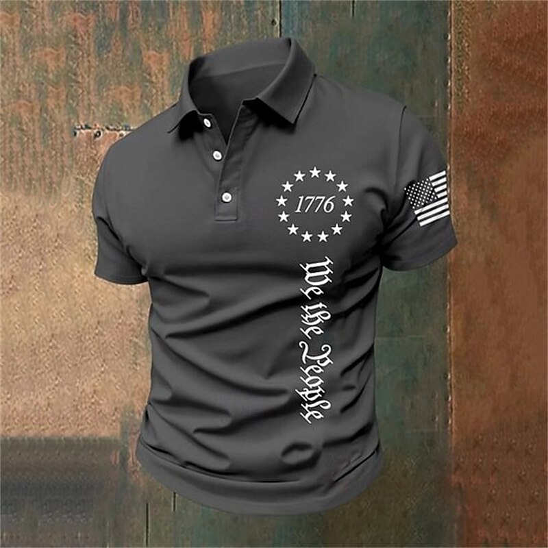 American Independence Day Men's American US Flag 1776 Polo Shirts Button Up Polos Golf Shirt Short Sleeve Polo Shirts Lapel Fashion Casual Daily Festival Print Summer Black White Gray3