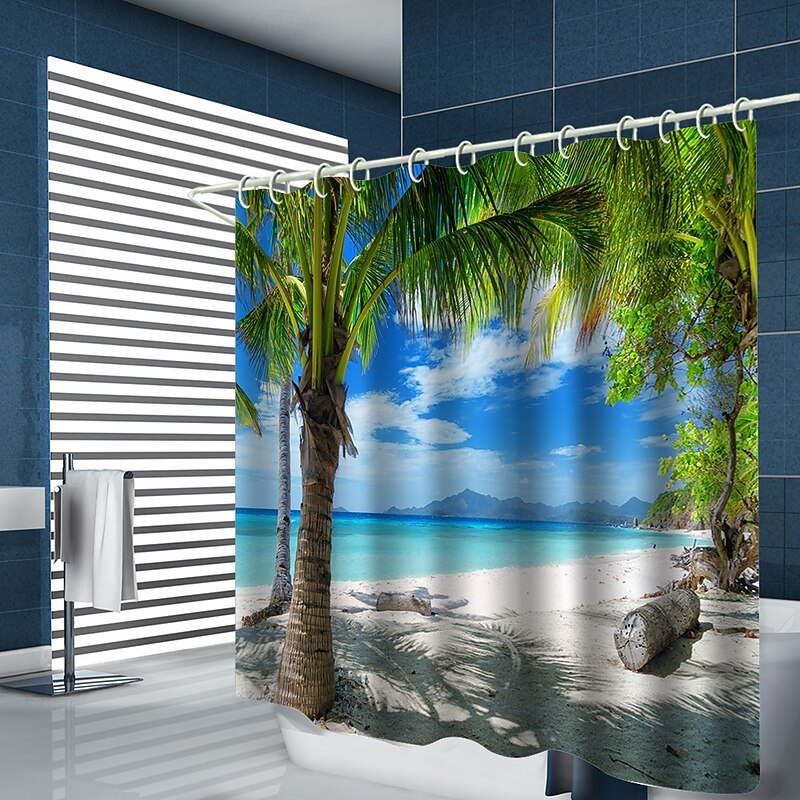 Sea Water Plant Landscape Printing With Hook Shower Curtain Modern Polyester Machining Waterproof Bathroom3
