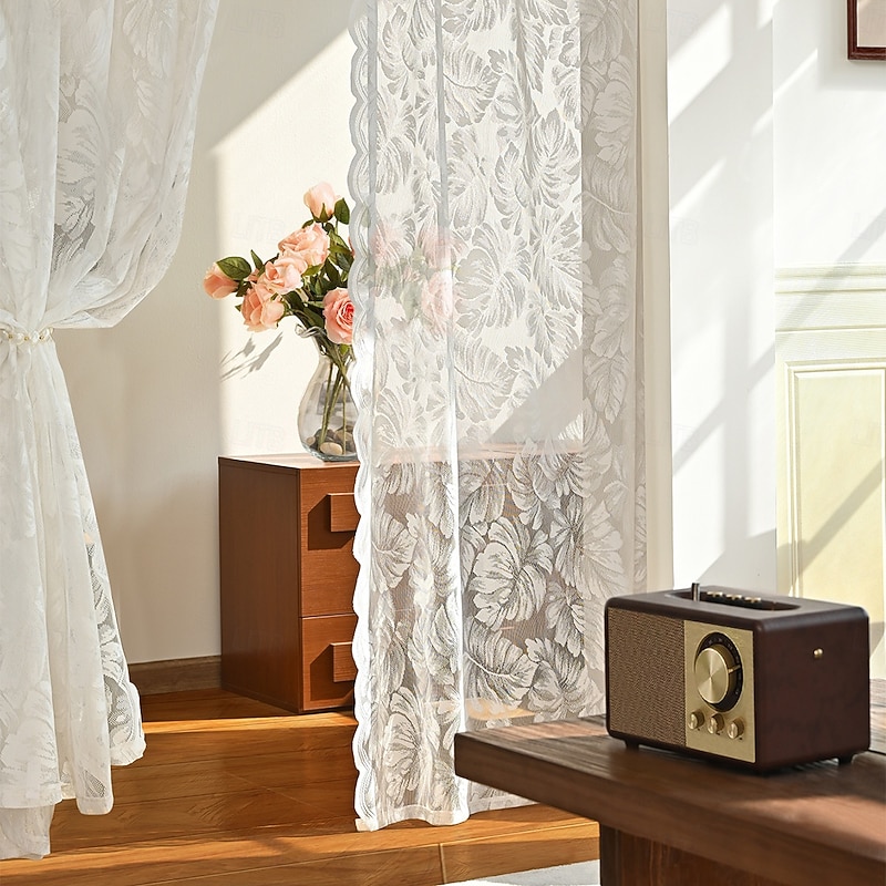 French Lace Curtains,Farmhouse Scalloped Trim Semi Sheer Curtains Embroidered Window Curtains with Hook,Vintage Window Drapes for Living Room Bedroom2