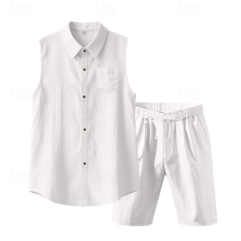 Men's T-shirt Suits 2 Pieces Outfits Tee & Shorts Sleeveless Lapel Summer Plain Fashion Casual 2 Piece Vacation Daily Wear Going out Black White Yellow Top Tee for Men4