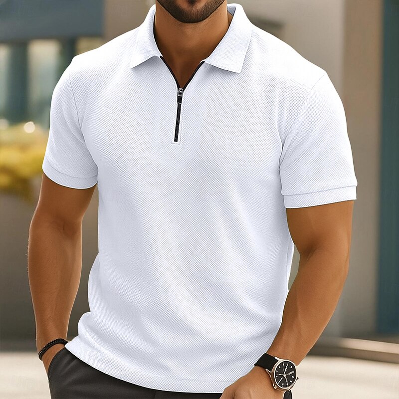 Men's Quarter Zip Polo Golf Shirt Daily Holiday Lapel Quarter Zip Short Sleeve Fashion Basic Plain Spring & Summer Regular Fit Black White Pink Wine Navy Blue Royal Blue Quarter Zip Polo4