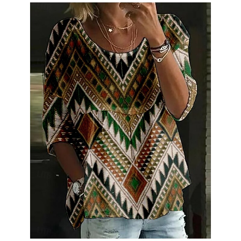 Women's Blouse Geometric Color Block Retro Vintage Ethnic 3/4 Length Sleeve Crew Neck Regular Tops Daily Holiday Print Wine Green Summer3