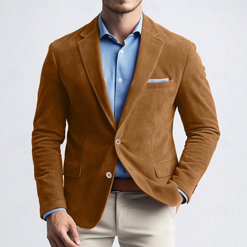 Men's Blazer Jacket Work Street Fashion Casual Fall / Winter Faux Suede Plain Pocket Buttons Comfortable Single Breasted Blazer Navy Blue Brown Green khaki2